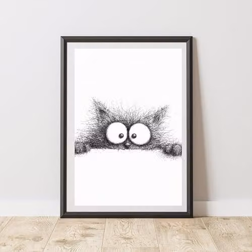 60 Second Makeover Peeking Cat Print Poster Wall Art in Black, White and Multicolour, A3