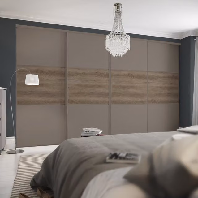 Spacepro Classic 3 Panel Sliding Wardrobe Door Kit in Stone Grey and Oak Frame