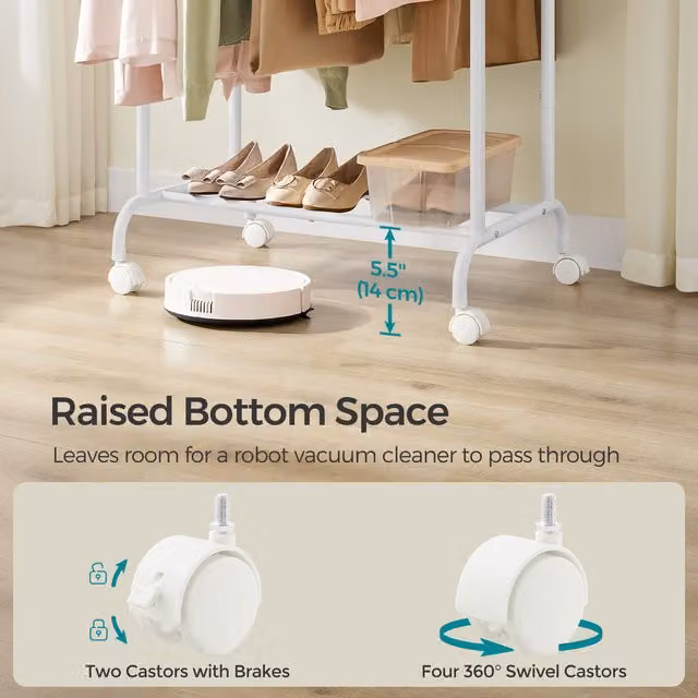SONGMICS Extendable Double Clothes Rail on Wheels, White