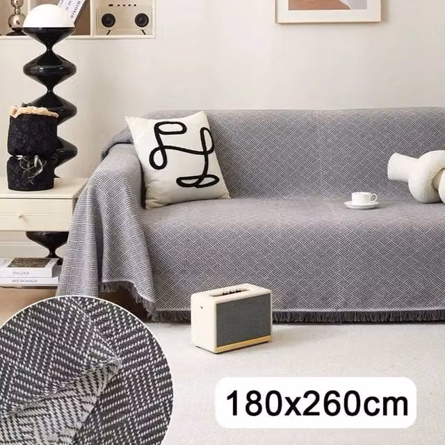 SPETLEK Extra Large Grey Cotton Fringed Chevron Throw for Sofas, W: 100 cm, D: 190 cm