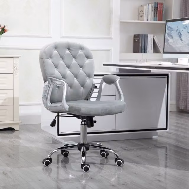 Vinsetto Luxury Grey Velvet Ergonomic Swivel Office Chair with Armrests and Castors – 1