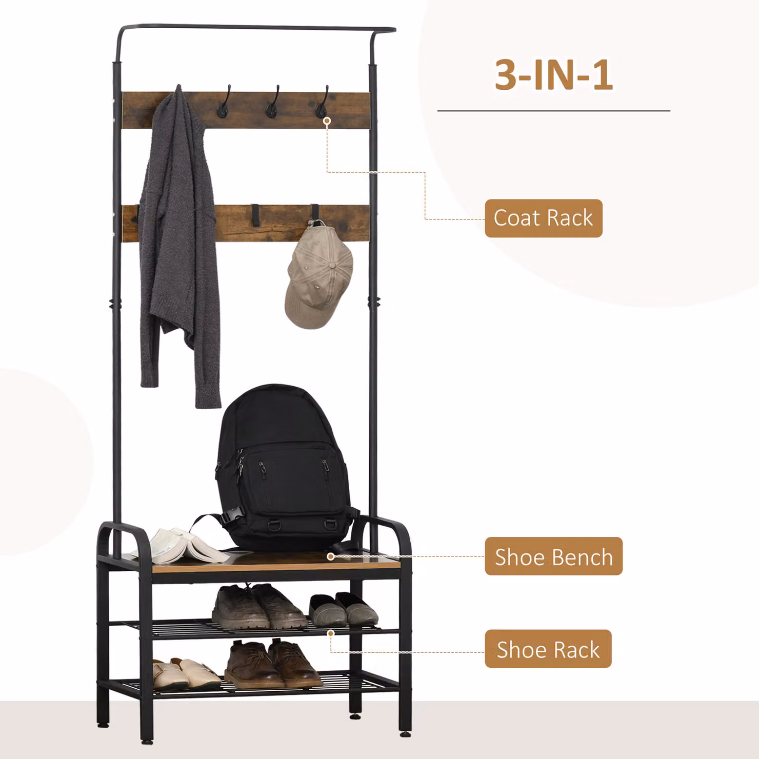 HOMCOM Industrial Hall Tree with Bench and Shoe Rack, Rustic Brown and Black, W/D/H: 72 x 34 x 185 cm – 3