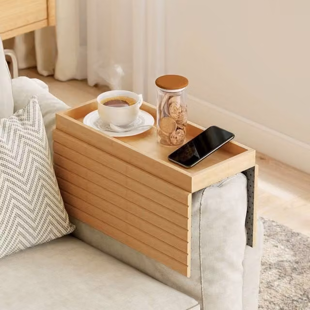 HOMCOM Foldable Bamboo Sofa Armrest Tray in Natural Wood