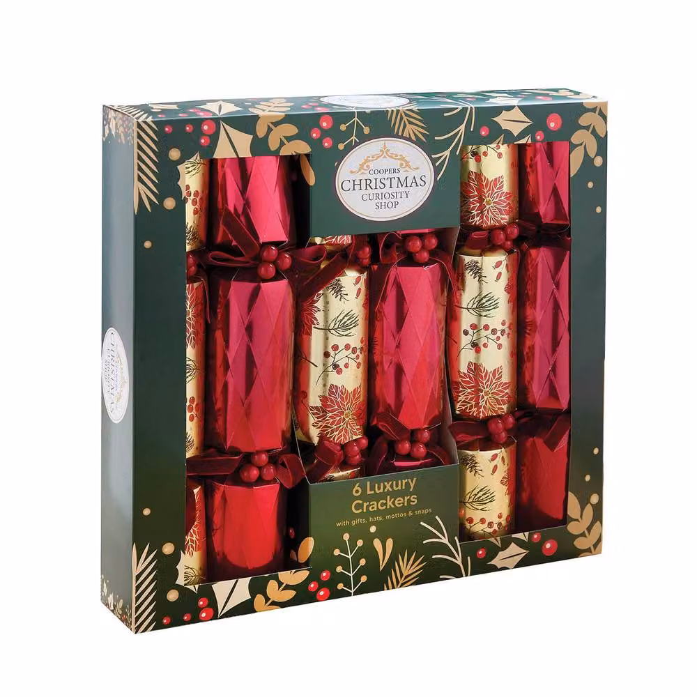 Coopers of Stortford Luxury Christmas Crackers Set of 6 with Floral Designs in Gold, Red and Multicolour – 3