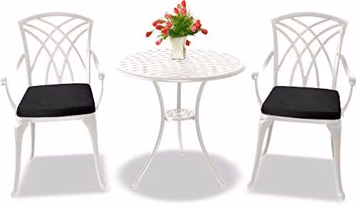 Centurion Supports OSHOWA Cast Aluminium Bistro Set with Round Garden Table and 2 Armchairs with Black Cushions, White – 1