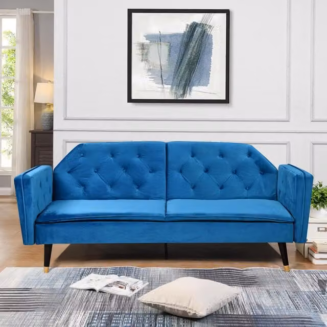 Comfy Living Modern Blue Plush Velvet Tufted Sofa Bed with Metal Frame