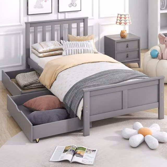 HomeTouch Fiona Solid Wood Single Bed Frame with 2 Storage Drawers, Grey, W/D/H: 100 x 200 cm – 1