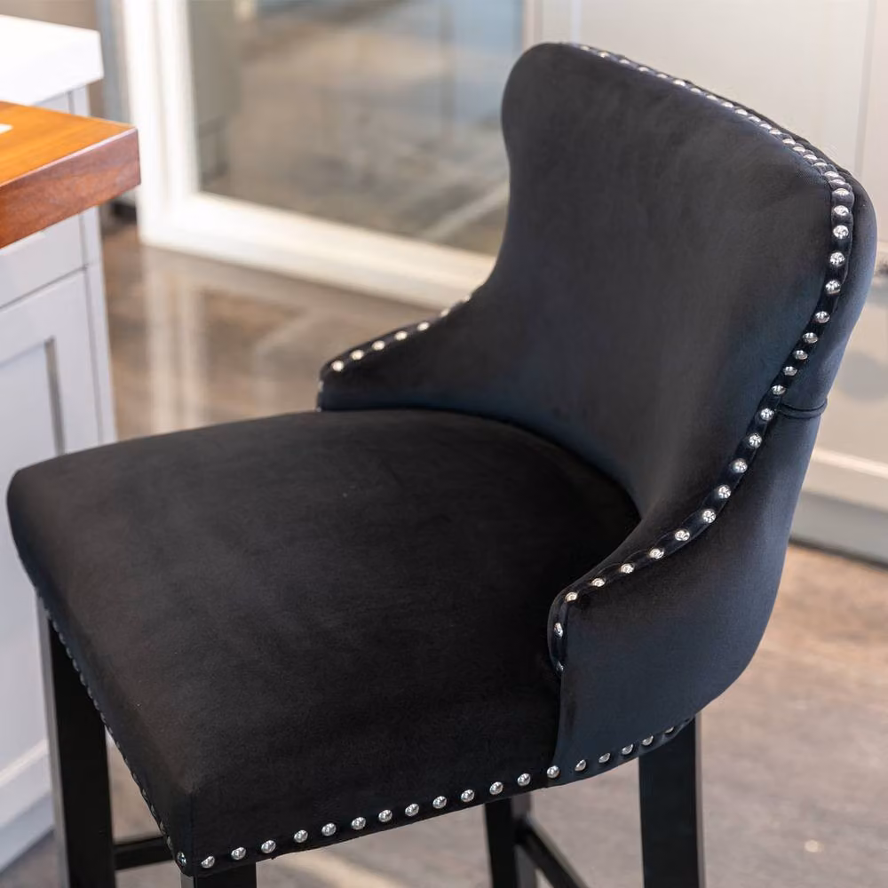 Modern Home Touch Set of 2 Black Velvet Upholstered Bar Stools with Wood Legs – 2