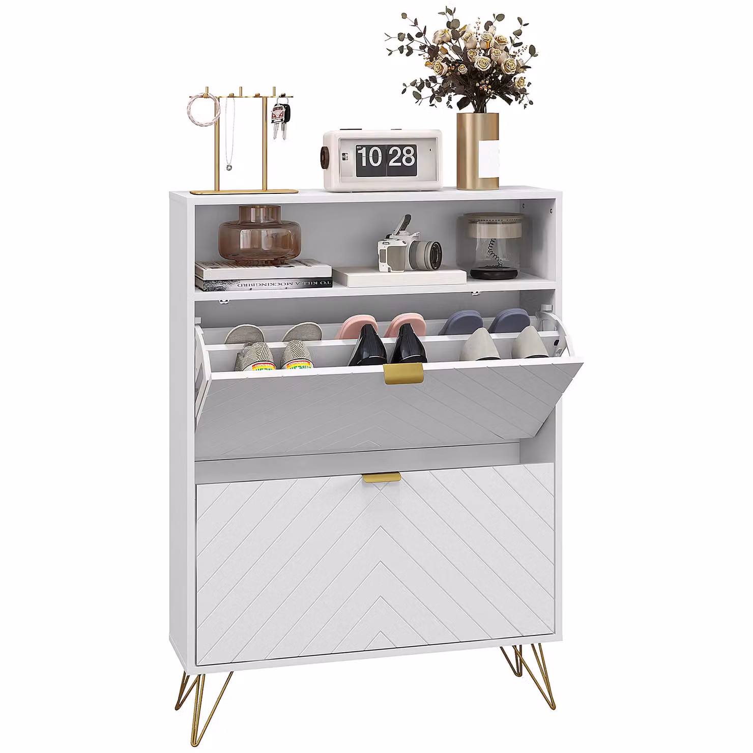 HOMCOM Modern Slim Shoe Cabinet in White with Tilting Compartments and Internal Shelves for Hallways – 2