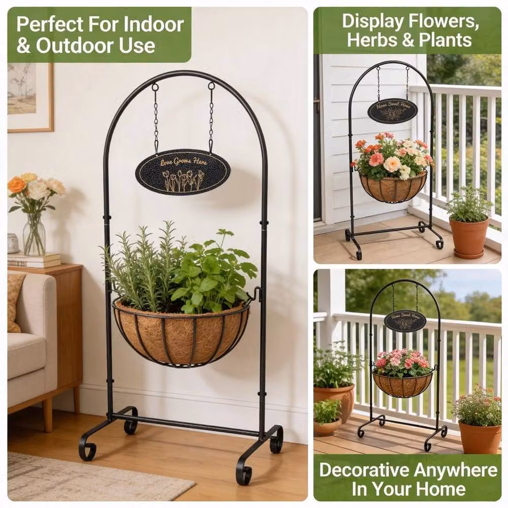 KORVIXA Heavy Duty Metal Welcome Planter Tub in Black, W/D/H: 90.0 x 45.0 x 45.0 cm – 3