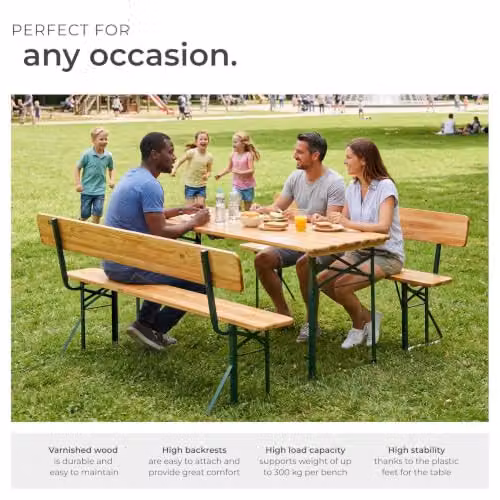tectake 3-Piece Brown Wood and Powder Coated Steel Garden Table and Bench Set for 8 People – 4