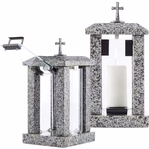 NOVECRAFTO Large Square Granite Memorial Lantern with Cross in Grey, H 32 cm