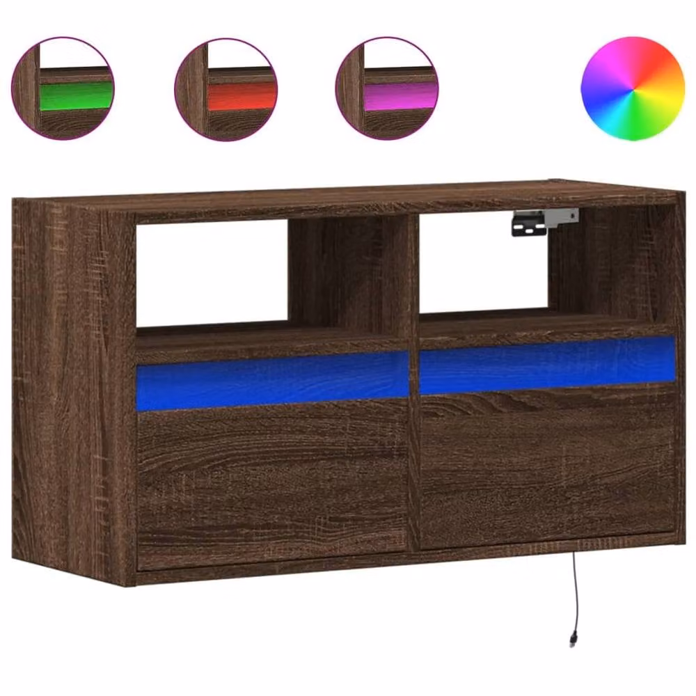 Berkfield Home Modern TV Wall Cabinet with LED Lights in Brown Oak, W/D/H: 80 x 31 x 45 cm – 3