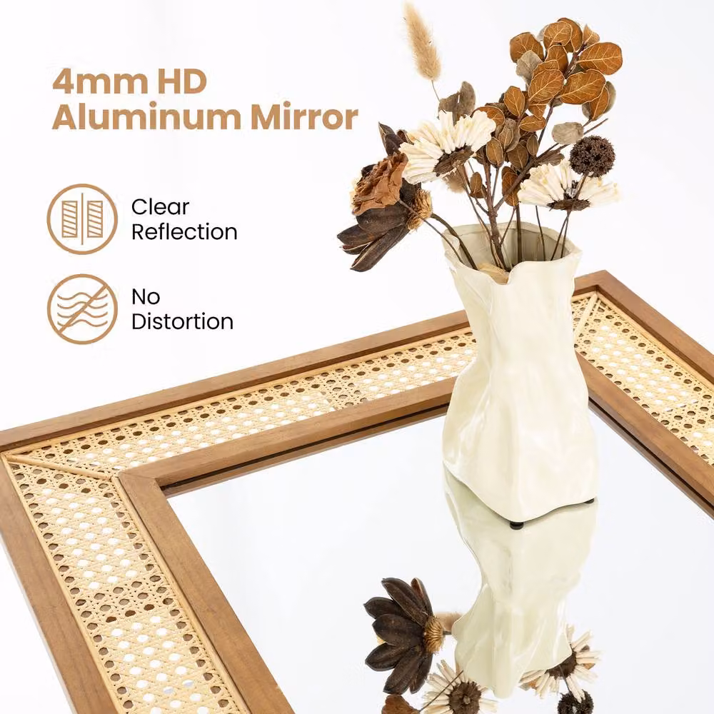 Gymax Bohemian Rectangular Rattan Wall Mirror in Brown, W: 90 cm, H: 60 cm – 4