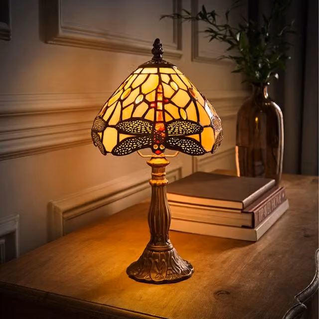 ValueLights Tiffany Style Dragonfly Multicolour Glass Table Lamp with Brass Base