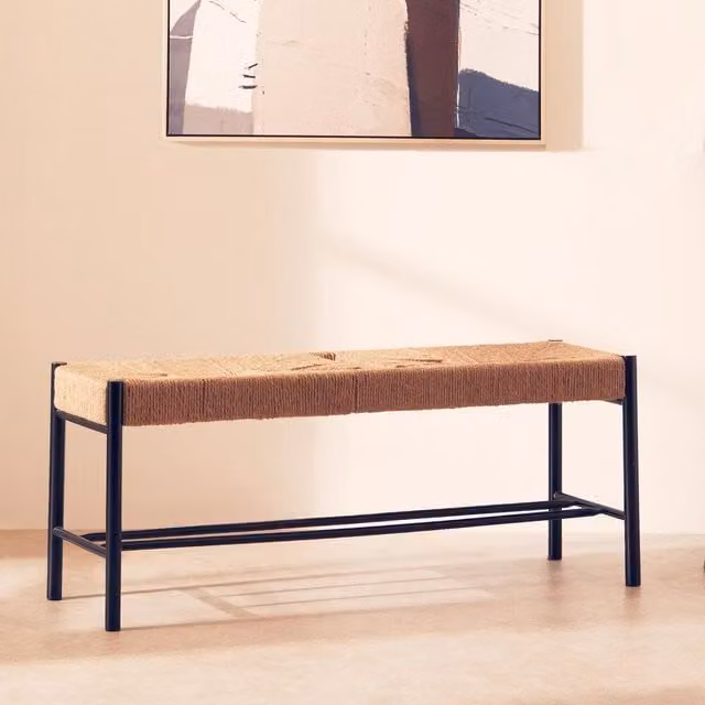 Orsina Minimalist Handwoven Beech Wood Bench in Black, W/D/H: 110 x 35 x 45 cm – 1
