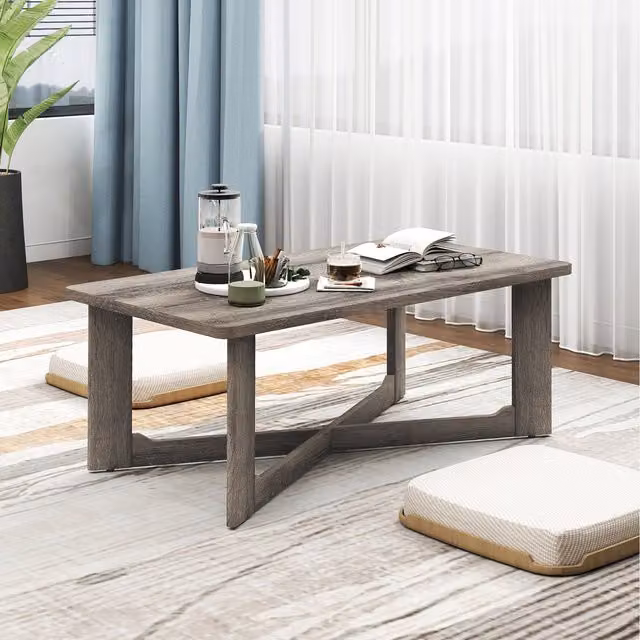 COSTWAY Accent Tea Table in Grey Rustic Wood and Metal with Rectangular Design