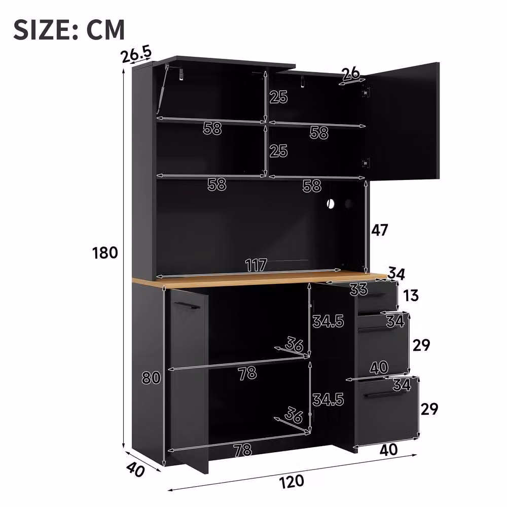 BTM Modern Black Tall Kitchen Sideboard with LED Lighting and USB Outlet, W/D/H: 120 x 40 x 180 cm – 3