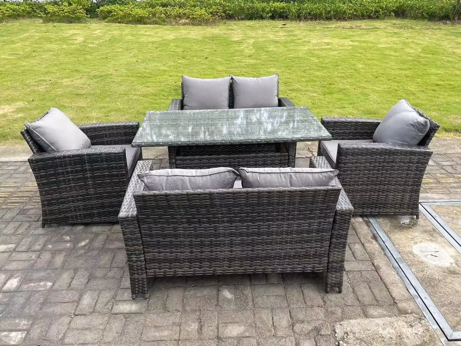 Fimous 6 Seater Outdoor High Back Rattan Sofa Dining Table Set in Dark Grey Mixed – 2