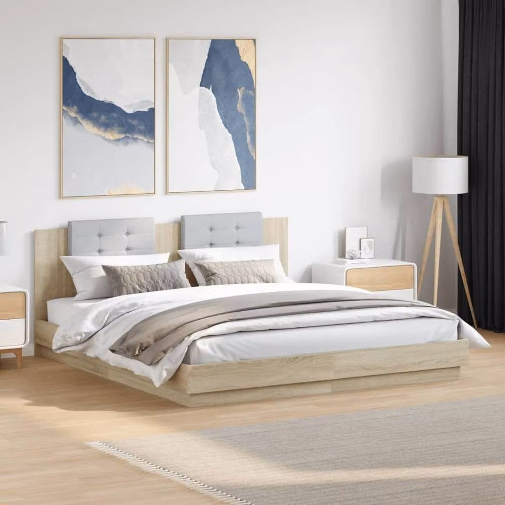 Berkfield Home Sonoma Oak Bed Frame with LED Lighting and USB Charging Port in Beige, W/D/H: 200 x 200 cm – 2