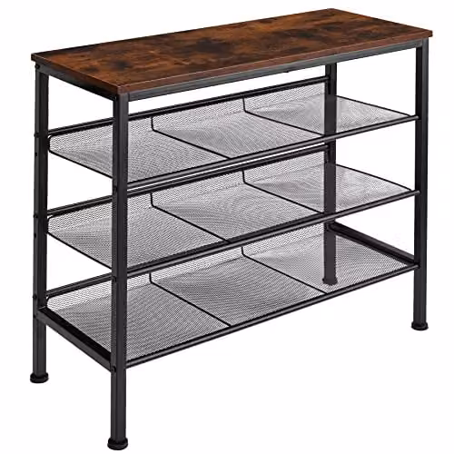 tectake 4-Tier Shoe Rack with Adjustable Shelves and Black Metal Frame in Brown and Black, W/D/H: 75.5 x 30.5 x 69.5 cm