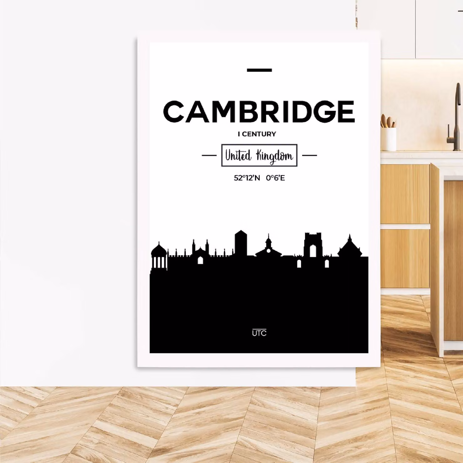 ARTZE Cambridge Black and White City Skyline Framed Print in White Frame, A3 – 2