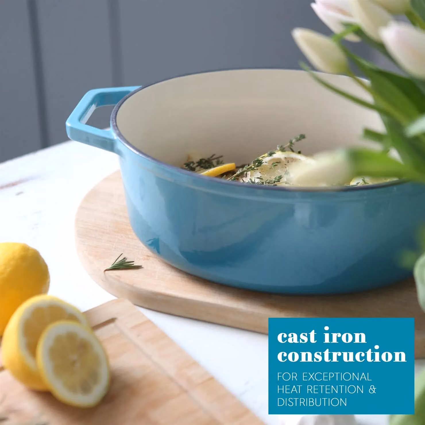 Argon Tableware 2x Oval Cast Iron Casserole Dishes with Self Basting Lids in Petrol Blue, 4.68L – 3