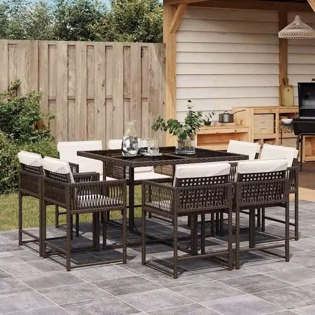 Berkfield Home 9 Piece Brown Poly Rattan Garden Dining Set with Cushions and Glass Tabletop