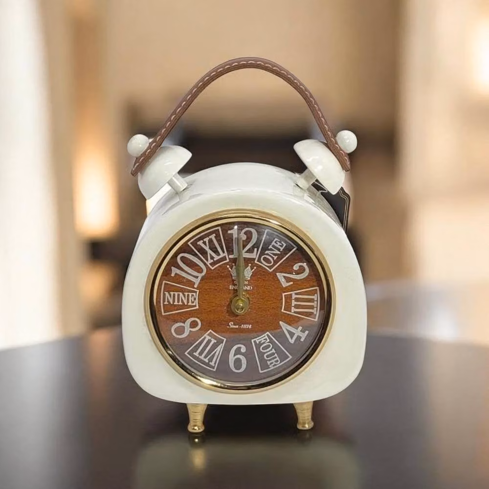 Minster White Ceramic Analog Round Tabletop Clock, W: 10 cm, D: 14 cm, H: 17 cm – 2