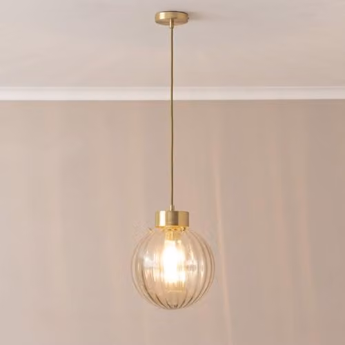 ValueLights Chessy Ribbed Glass Globe Ceiling Pendant Light in Gold/Brass with Bulb – 2