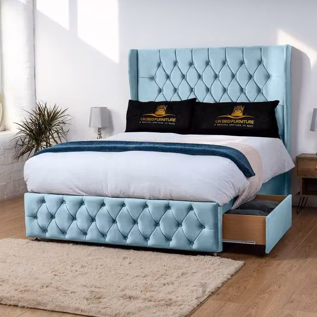 Luxor Living Luxor Wingback Divan Bed with 54 Inch Headboard and 2 Foot End Drawers in Blue Velvet, W/D/H: 140 x 200 x 137.16 cm