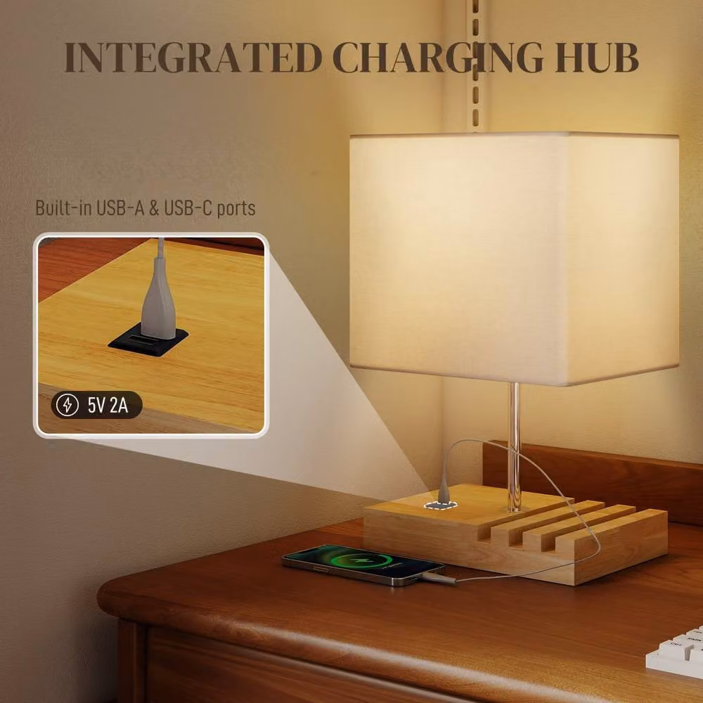 Wyld Haus Hael Wood and Fabric Table Lamp with USB A and USB C Charging Phone Stands in White – 4