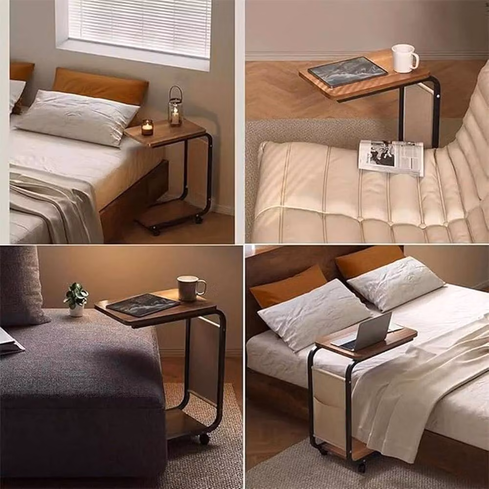 NESTLUNE Mobile C-Table Side Table with Storage Pockets in Brown, W: 100 cm, D: 60 cm, H: 63 cm – 3