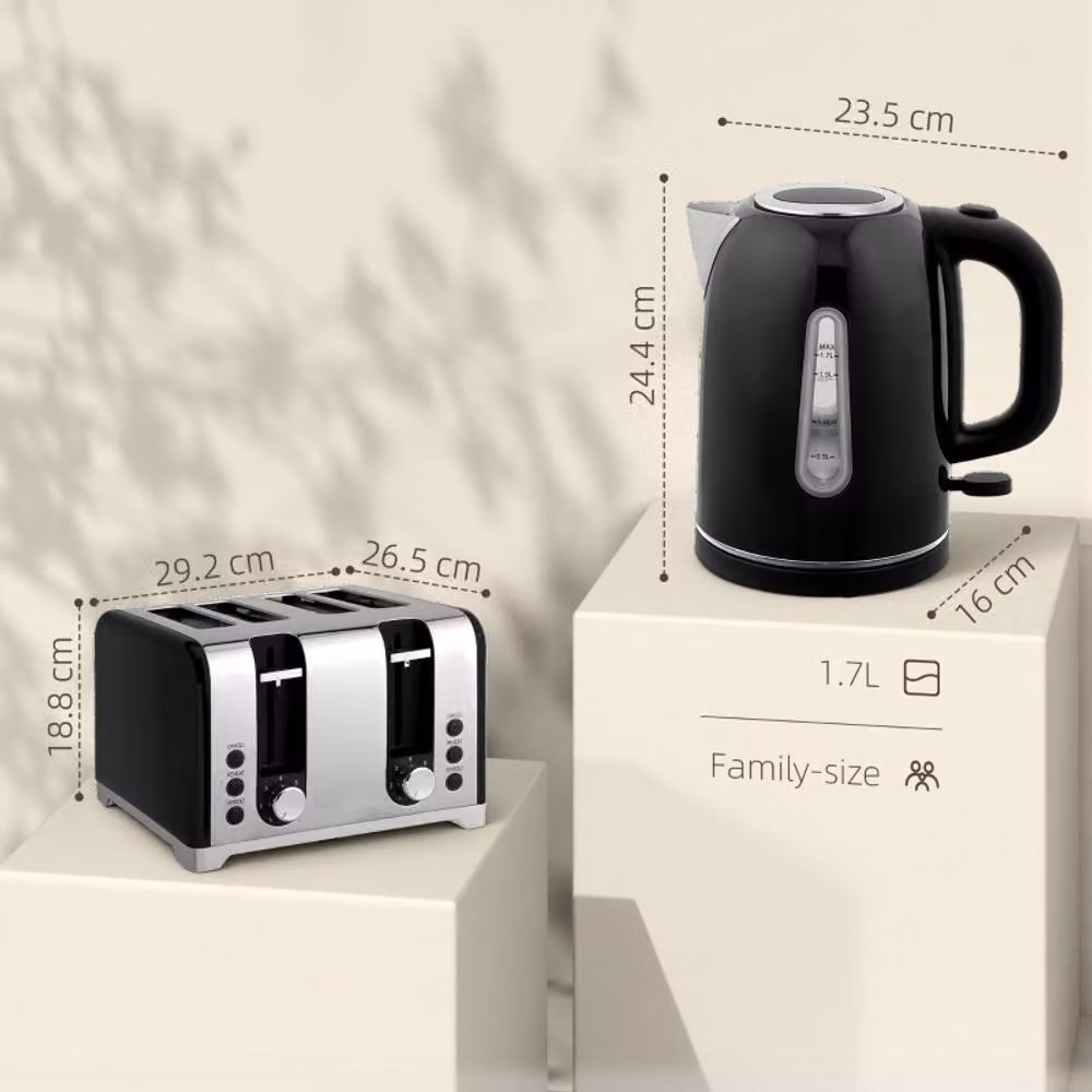 Rolipo Black Kettle and Toaster Set with 1.7L Rapid Boil Kettle and 4 Slice Toaster – 3