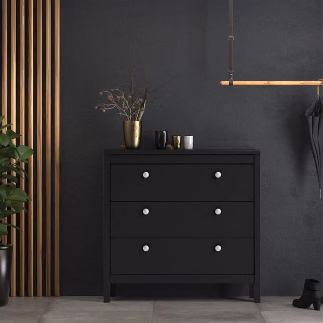 Furniture To Go Madrid 3-Drawer Chest of Drawers in Black Glossy MDF