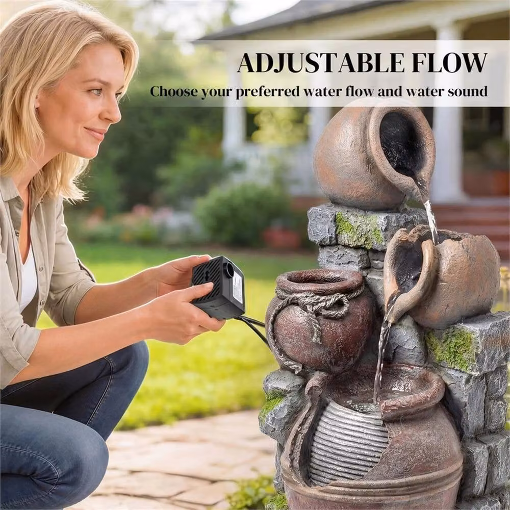 Nordara 4-Tier Brown Stone Cascade Outdoor Garden Water Fountain with LED Lights, W/D/H: 60 x 60 x 100 cm – 4