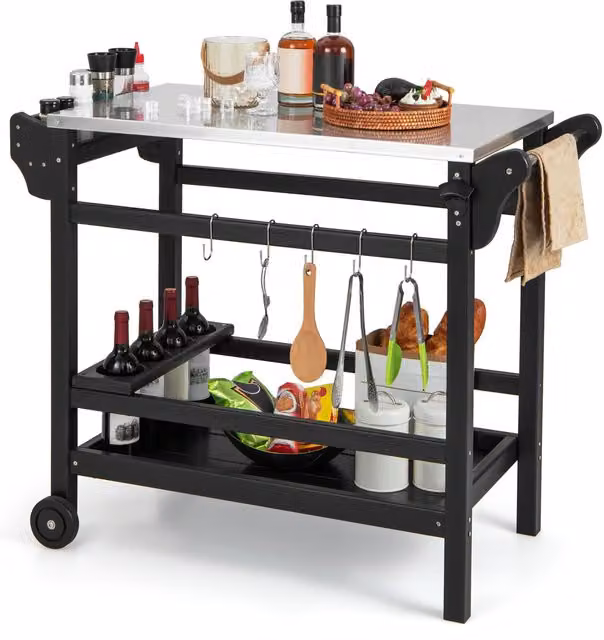 Costway Movable Dining Cart Table in Matt Black Industrial Style for Garden, Terrace or Balcony