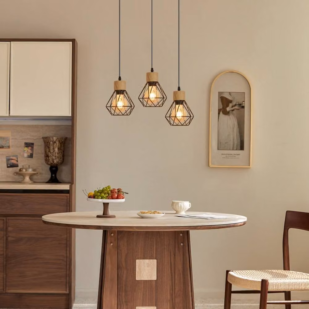 COMELY Vintage Industrial Pendant Light, Black Metal and Wood Cage Design with E27 Socket – 2