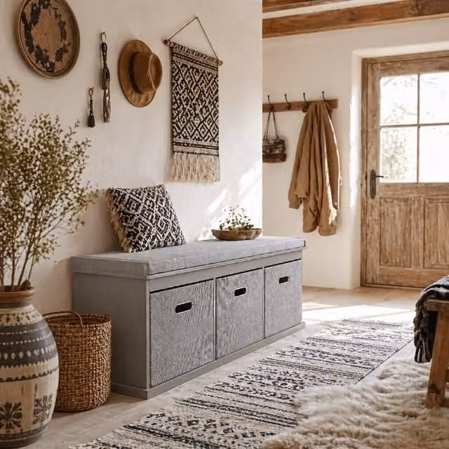 Wyld Haus Marari Grey 3 Drawer Shoe Storage Bench with Padded Fabric Seat