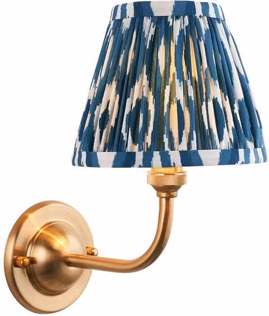 Netlighting Dome Arc Wall Light with Blue Fabric Ikat Shade and Brass Finish, 16 cm, B22