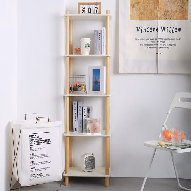 HMD Furniture Birch Wood Book Shelf in White and Natural, H 147.5 x W 30 x D 40 cm