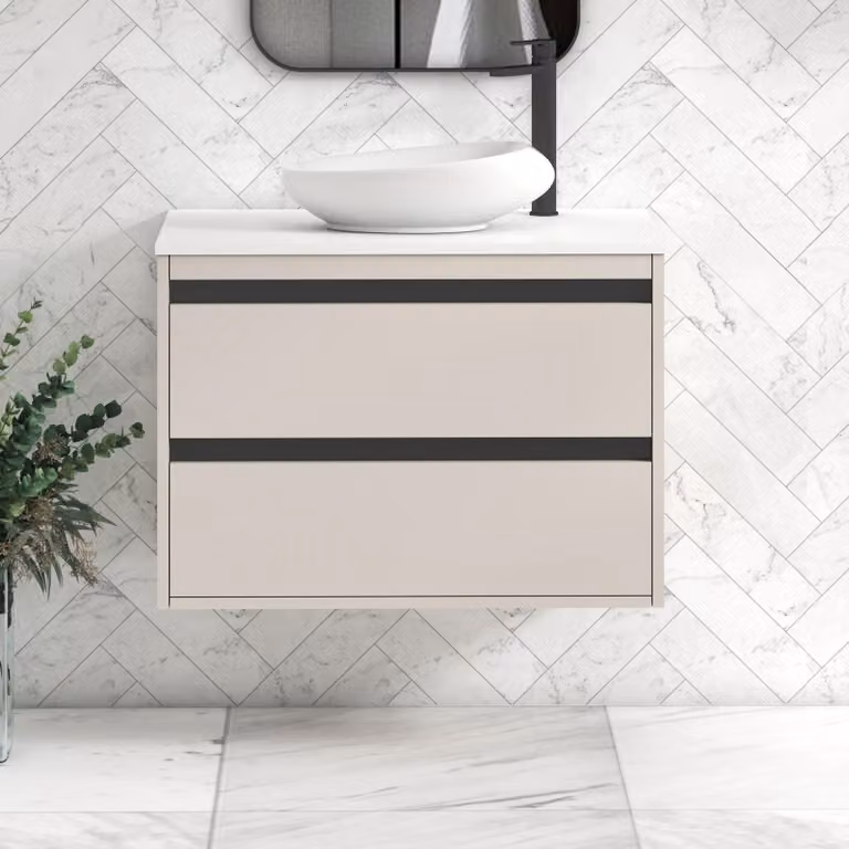 Royal Bathrooms Orion 800mm Wall Hung Vanity Unit with Nova Basin in Warm Taupe and White with Black Accent Trim