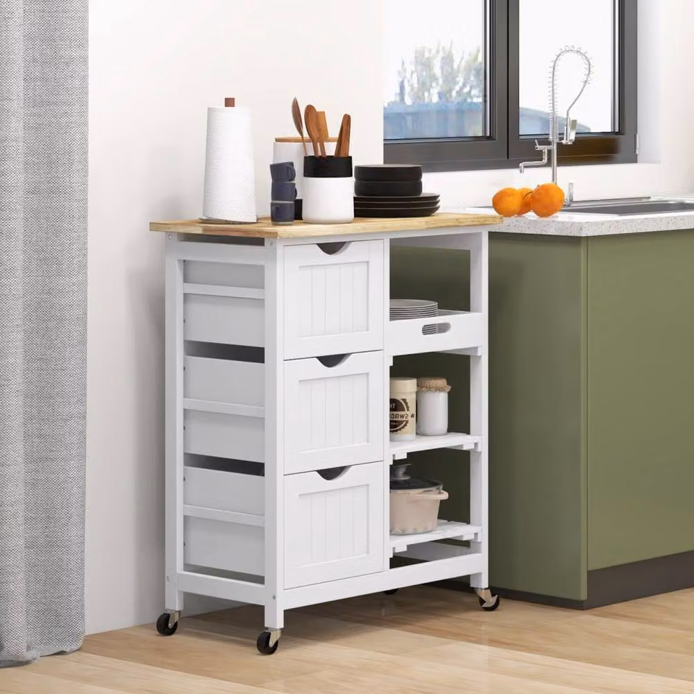 Wyld Haus Compact White Rolling Kitchen Island with Natural Rubberwood Top, W/D/H: 67.0 x 37.0 x 85.5 cm – 3