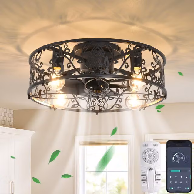 Garwarm Industrial Caged Ceiling Fan with 4 Lights and Remote Control in Black