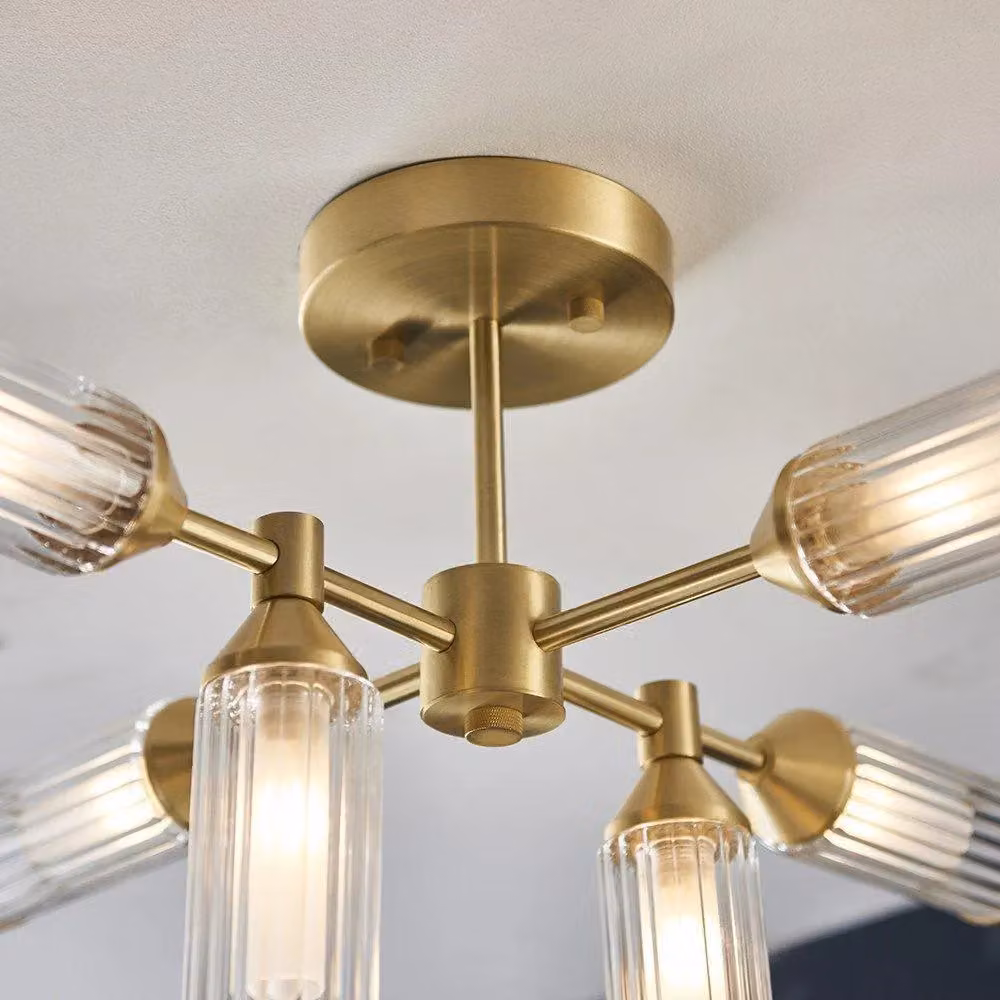 Netlighting TRIESTE Dimmable 6 Light Semi Flush Ceiling Lamp in Yellow and Gold/Brass with Transparent Glass – 3