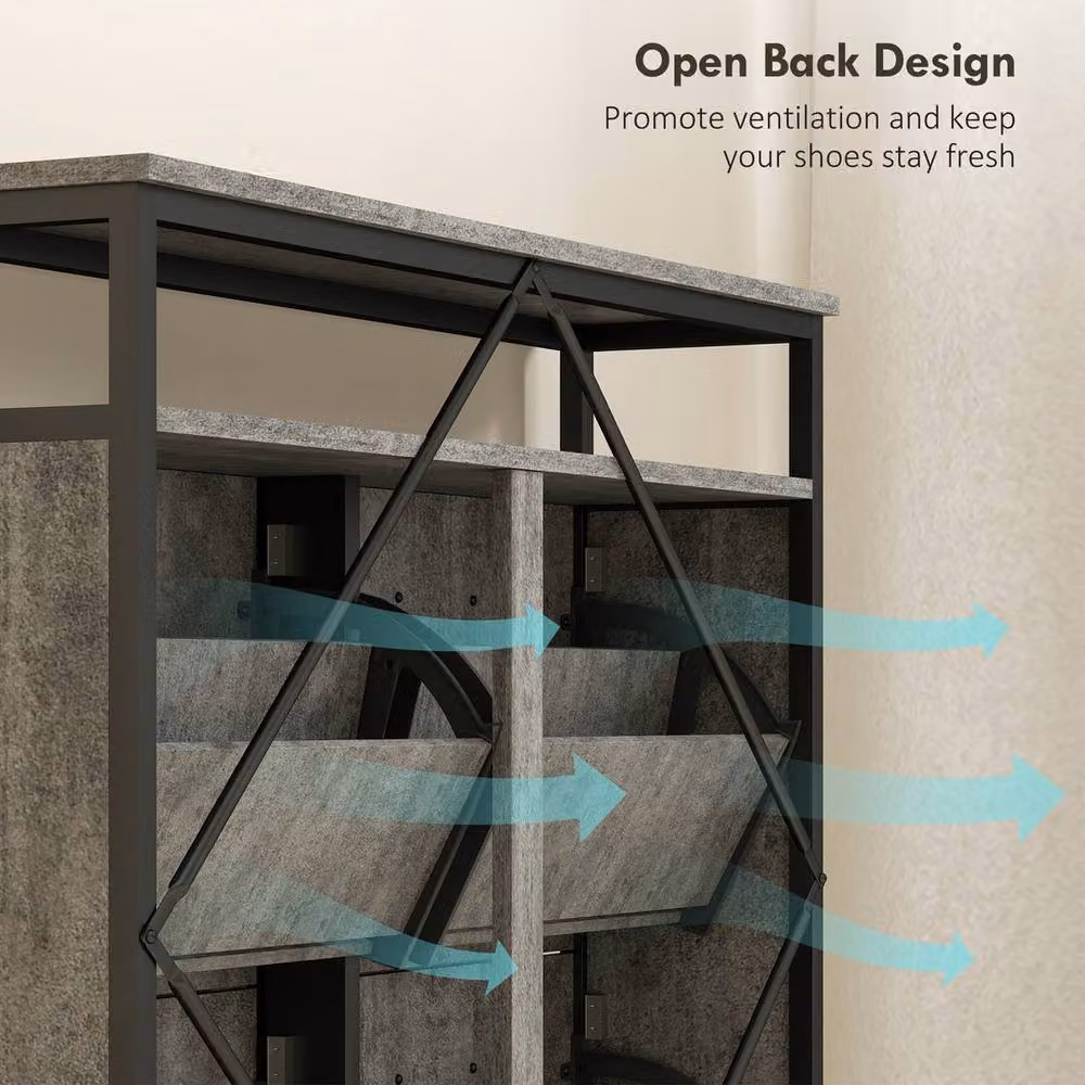 FORGEVIO Industrial Narrow Shoe Cabinet in Cement Grey with 4 Tilting Compartments and Open Shelf – 4