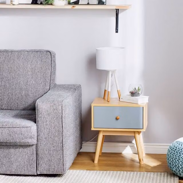 Wyld and Coco Scandinavian Bedside Table with 1 Drawer in Light Brown and Grey