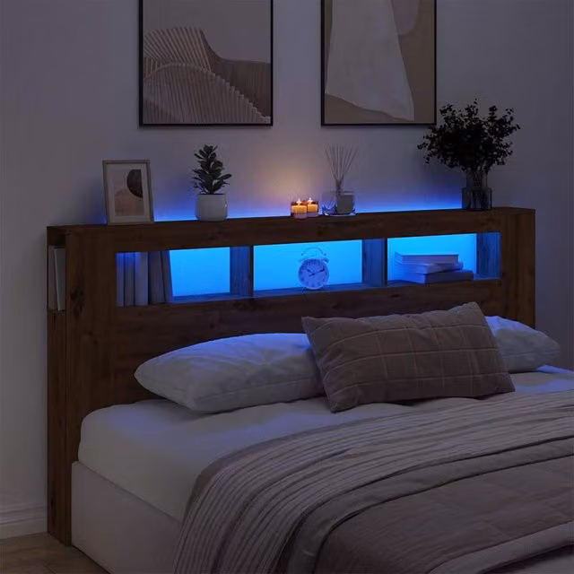 Berkfield Home Artisan Oak LED Headboard in Brown with Integrated Lighting, Shelf and USB Charging Port, W: 200 cm, D: 18.5 cm, H: 103.5 cm – 1