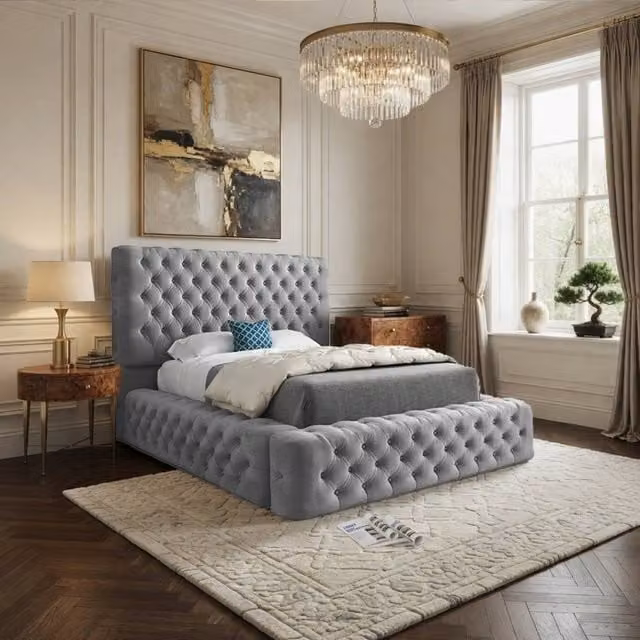 KDMD Littleton Grey Pleated Upholstered Designer Bed Frame, W/D/H: 200 x 137 x 221 cm – 1