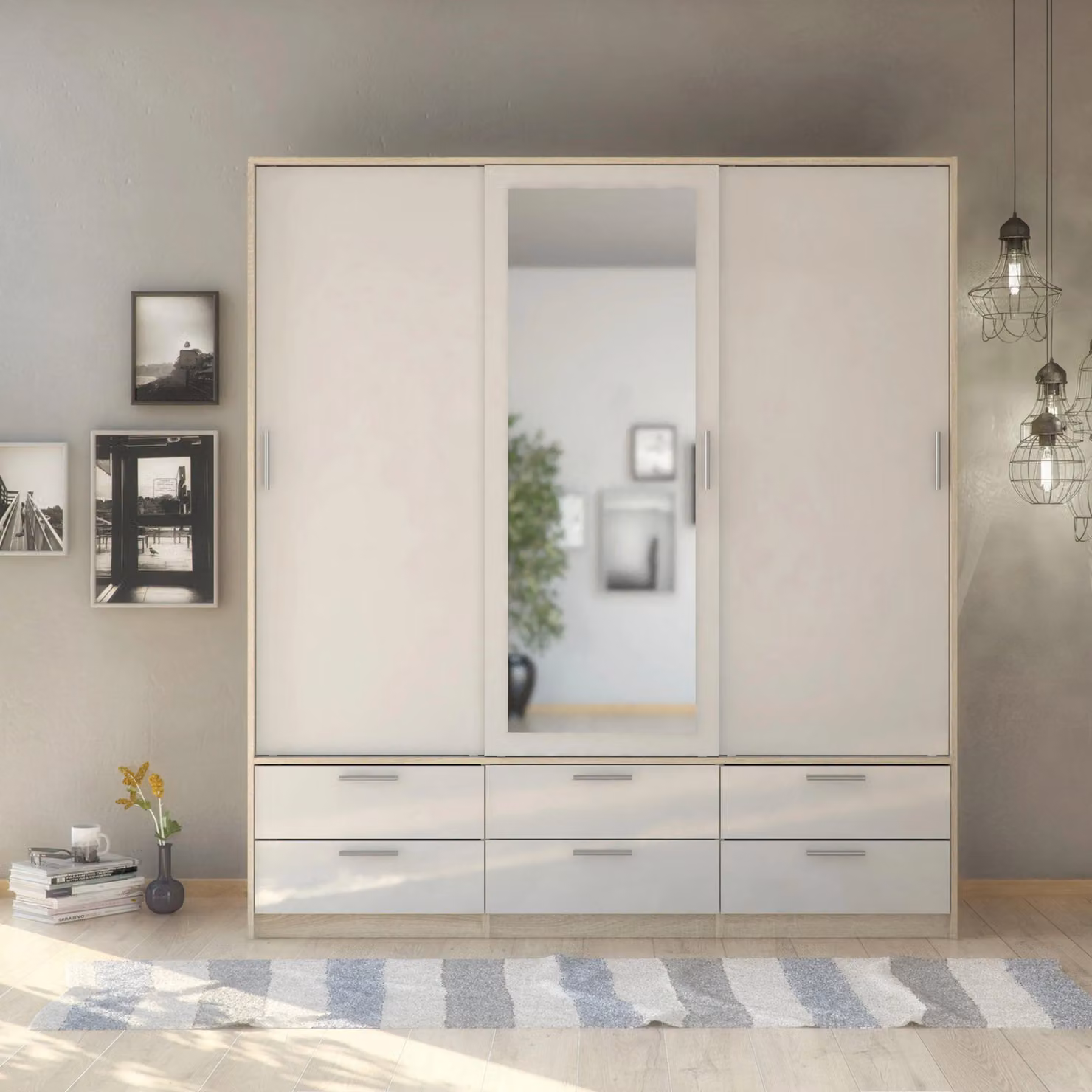 Furniture To Go Line Modern 3-Door Wardrobe with 6 Drawers and Mirror in Light Oak – 2